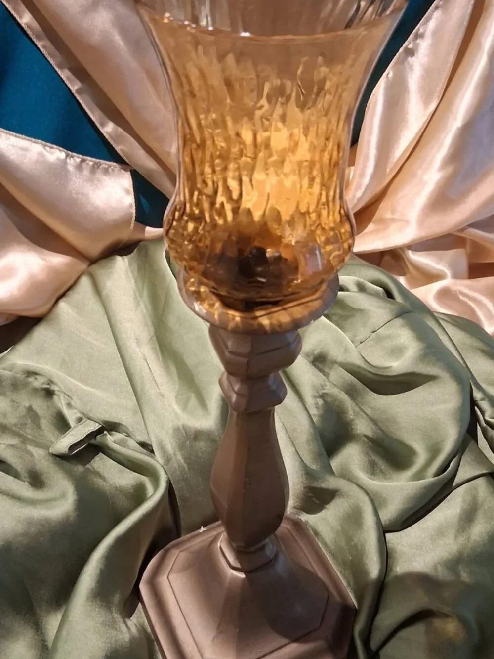 Vintage Brass & Amber Optic Glass Hurricane Candle Holder / Votive Lamp 1970s